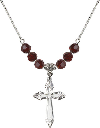 18" Rhodium Plated Necklace with 4mm Garnet Crystal Beads featuring a Sterling Silver Cross Medal.