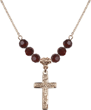 18" Hamilton Gold Plated Necklace with 4mm Garnet Crystal Beads featuring a 14kt Gold Filled Crucifix Medal.