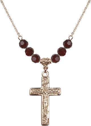 18" Hamilton Gold Plated Necklace with 4mm Garnet Crystal Beads featuring a 14kt Gold Filled Crucifix Medal.