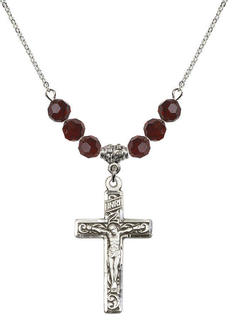 18" Rhodium Plated Necklace with 4mm Garnet Crystal Beads featuring a Sterling Silver Crucifix Medal.