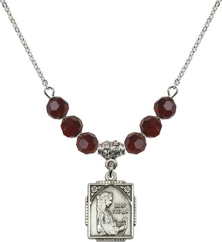 18" Rhodium Plated Necklace with 4mm Garnet Crystal Beads featuring a Sterling Silver Saint Cecilia Medal. Engraved Catholic Saint Jewelry