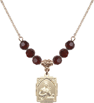 18" Hamilton Gold Plated Necklace with 4mm Garnet Crystal Beads featuring a 14kt Gold Filled Saint Gerard Medal. Engraved Catholic Saint Jewelry