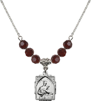 18" Rhodium Plated Necklace with 4mm Garnet Crystal Beads featuring a Sterling Silver Saint Gerard Medal. Engraved Catholic Saint Jewelry