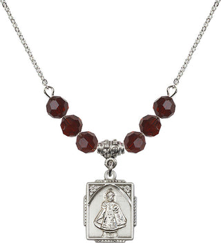 18" Rhodium Plated Necklace with 4mm Garnet Crystal Beads featuring a Sterling Silver Infant of Prague Medal. Engraved Catholic Saint Jewelry