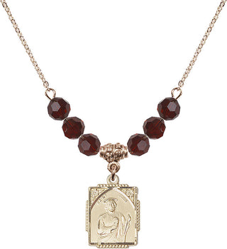 18" Hamilton Gold Plated Necklace with 4mm Garnet Crystal Beads featuring a 14kt Gold Filled Saint Jude Medal. Engraved Catholic Saint Jewelry