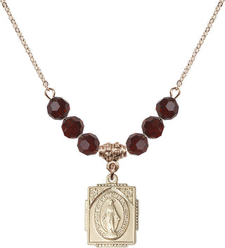 18" Hamilton Gold Plated Necklace with 4mm Garnet Crystal Beads featuring a 14kt Gold Filled Miraculous Medal. Engraved Catholic Saint Jewelry