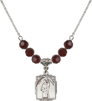 18" Rhodium Plated Necklace with 4mm Garnet Crystal Beads featuring a Sterling Silver Saint Patrick Medal. Engraved Catholic Saint Jewelry
