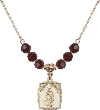 18" Hamilton Gold Plated Necklace with 4mm Garnet Crystal Beads featuring a 14kt Gold Filled Saint Peregrine Medal. Engraved Catholic Saint Jewelry