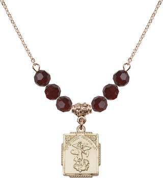 18" Hamilton Gold Plated Necklace with 4mm Garnet Crystal Beads featuring a 14kt Gold Filled Saint Michael the Archangel Medal. Engraved Catholic Saint Jewelry