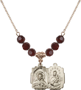 18" Hamilton Gold Plated Necklace with 4mm Garnet Crystal Beads featuring a 14kt Gold Filled Scapular Medal.