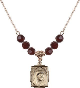 18" Hamilton Gold Plated Necklace with 4mm Garnet Crystal Beads featuring a 14kt Gold Filled Saint Teresa of Calcutta Medal. Engraved Catholic Saint Jewelry
