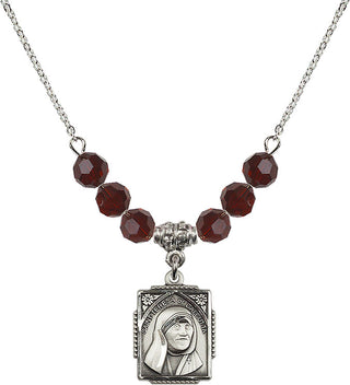 18" Rhodium Plated Necklace with 4mm Garnet Crystal Beads featuring a Sterling Silver Saint Teresa of Calcutta Medal. Engraved Catholic Saint Jewelry