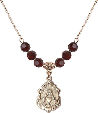 18" Hamilton Gold Plated Necklace with 4mm Garnet Crystal Beads featuring a 14kt Gold Filled Mother of a Priest Medal. Engraved Catholic Saint Jewelry
