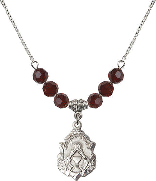 18" Rhodium Plated Necklace with 4mm Garnet Crystal Beads featuring a Sterling Silver Mother of a Priest Medal. Engraved Catholic Saint Jewelry