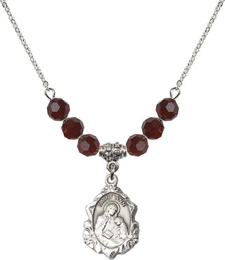 18" Rhodium Plated Necklace with 4mm Garnet Crystal Beads featuring a Sterling Silver Saint Ann Medal. Engraved Catholic Saint Jewelry