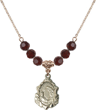 18" Hamilton Gold Plated Necklace with 4mm Garnet Crystal Beads featuring a 14kt Gold Filled Saint Cecilia Medal. Engraved Catholic Saint Jewelry