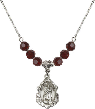 18" Rhodium Plated Necklace with 4mm Garnet Crystal Beads featuring a Sterling Silver Saint Christopher Medal. Engraved Catholic Saint Jewelry