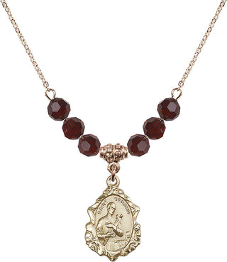 18" Hamilton Gold Plated Necklace with 4mm Garnet Crystal Beads featuring a 14kt Gold Filled Saint Gerard Medal. Engraved Catholic Saint Jewelry