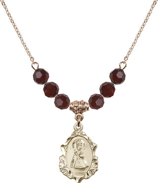 18" Hamilton Gold Plated Necklace with 4mm Garnet Crystal Beads featuring a 14kt Gold Filled Infant of Prague Medal. Engraved Catholic Saint Jewelry