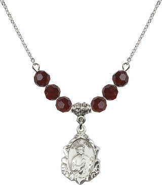 18" Rhodium Plated Necklace with 4mm Garnet Crystal Beads featuring a Sterling Silver Saint Jude Medal. Engraved Catholic Saint Jewelry