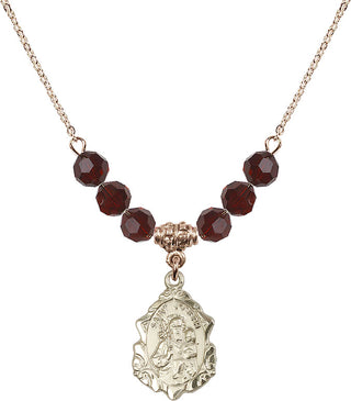 18" Hamilton Gold Plated Necklace with 4mm Garnet Crystal Beads featuring a 14kt Gold Filled Saint Joseph Medal. Engraved Catholic Saint Jewelry