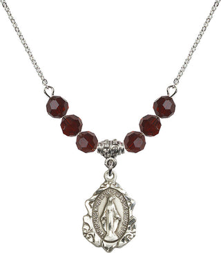 18" Rhodium Plated Necklace with 4mm Garnet Crystal Beads featuring a Sterling Silver Miraculous Medal. Engraved Catholic Saint Jewelry