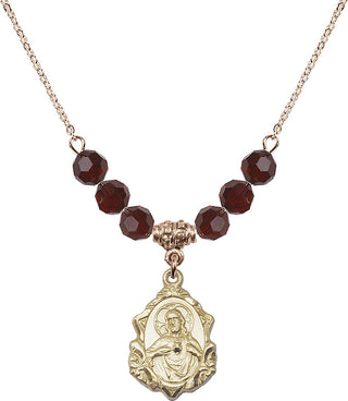 18" Hamilton Gold Plated Necklace with 4mm Garnet Crystal Beads featuring a 14kt Gold Filled Scapular Medal.