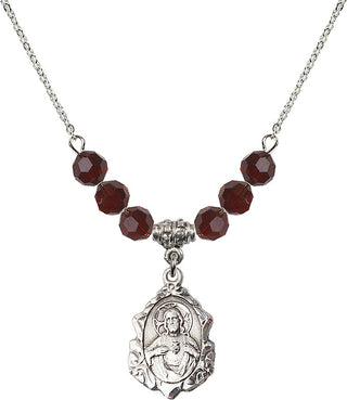 18" Rhodium Plated Necklace with 4mm Garnet Crystal Beads featuring a Sterling Silver Scapular Medal.