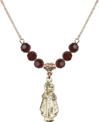 18" Hamilton Gold Plated Necklace with 4mm Garnet Crystal Beads featuring a 14kt Gold Filled Infant of Prague Medal.