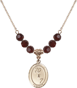 18" Hamilton Gold Plated Necklace with 4mm Garnet Crystal Beads featuring a 14kt Gold Filled First Penance Medal.