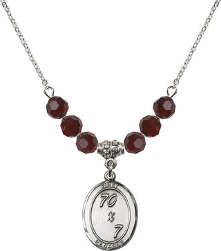 18" Rhodium Plated Necklace with 4mm Garnet Crystal Beads featuring a Sterling Silver First Penance Medal.