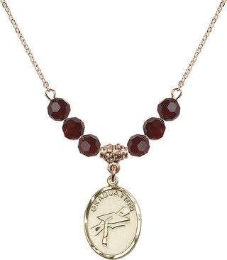18" Hamilton Gold Plated Necklace with 4mm Garnet Crystal Beads featuring a 14kt Gold Filled Graduation Medal.
