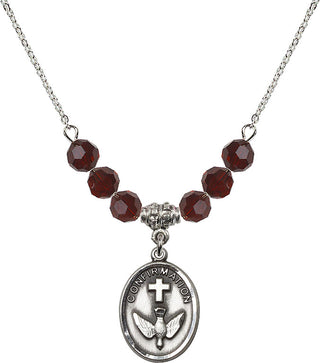 18" Rhodium Plated Necklace with 4mm Garnet Crystal Beads featuring a Sterling Silver Confirmation Medal.