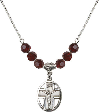 18" Rhodium Plated Necklace with 4mm Garnet Crystal Beads featuring a Sterling Silver Crucifix Medal.