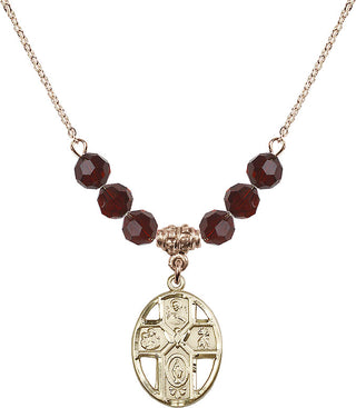 18" Hamilton Gold Plated Necklace with 4mm Garnet Crystal Beads featuring a 14kt Gold Filled 5-Way / Holy Spirit Medal.