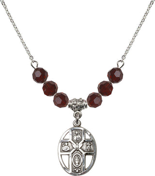 18" Rhodium Plated Necklace with 4mm Garnet Crystal Beads featuring a Sterling Silver 5-Way / Holy Spirit Medal.