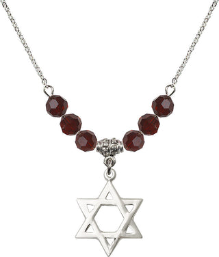 18" Rhodium Plated Necklace with 4mm Garnet Crystal Beads featuring a Sterling Silver Star of David Medal.