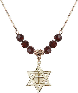 18" Hamilton Gold Plated Necklace with 4mm Garnet Crystal Beads featuring a 14kt Gold Filled Star of David with Cross Medal.