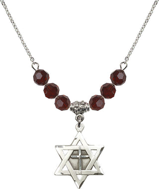 18" Rhodium Plated Necklace with 4mm Garnet Crystal Beads featuring a Sterling Silver Star of David with Cross Medal.