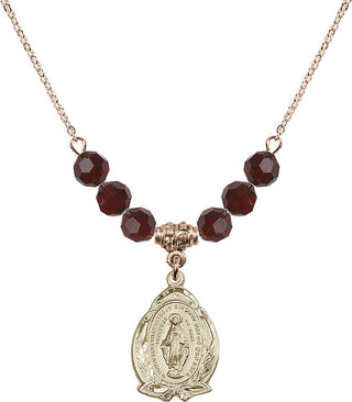 18" Hamilton Gold Plated Necklace with 4mm Garnet Crystal Beads featuring a 14kt Gold Filled Miraculous Medal.