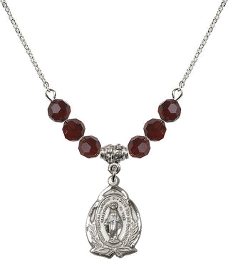 18" Rhodium Plated Necklace with 4mm Garnet Crystal Beads featuring a Sterling Silver Miraculous Medal.