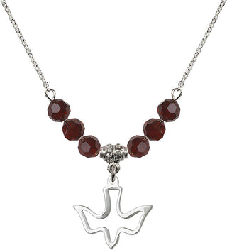 18" Rhodium Plated Necklace with 4mm Garnet Crystal Beads featuring a Sterling Silver Holy Spirit Medal.