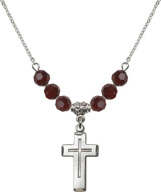 18" Rhodium Plated Necklace with 4mm Garnet Crystal Beads featuring a Sterling Silver Cross Medal.