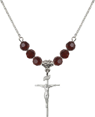18" Rhodium Plated Necklace with 4mm Garnet Crystal Beads featuring a Sterling Silver Crucifix Medal.