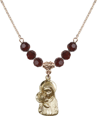 18" Hamilton Gold Plated Necklace with 4mm Garnet Crystal Beads featuring a 14kt Gold Filled Madonna & Child Medal.