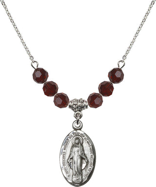 18" Rhodium Plated Necklace with 4mm Garnet Crystal Beads featuring a Sterling Silver Miraculous Medal.