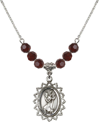 18" Rhodium Plated Necklace with 4mm Garnet Crystal Beads featuring a Sterling Silver Saint Christopher Medal.