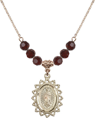 18" Hamilton Gold Plated Necklace with 4mm Garnet Crystal Beads featuring a 14kt Gold Filled Our Lady of Guadalupe Medal.
