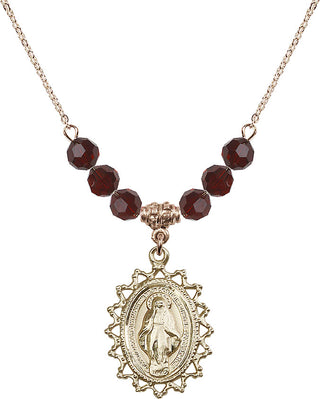 18" Hamilton Gold Plated Necklace with 4mm Garnet Crystal Beads featuring a 14kt Gold Filled Miraculous Medal.