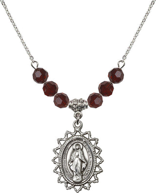 18" Rhodium Plated Necklace with 4mm Garnet Crystal Beads featuring a Sterling Silver Miraculous Medal.